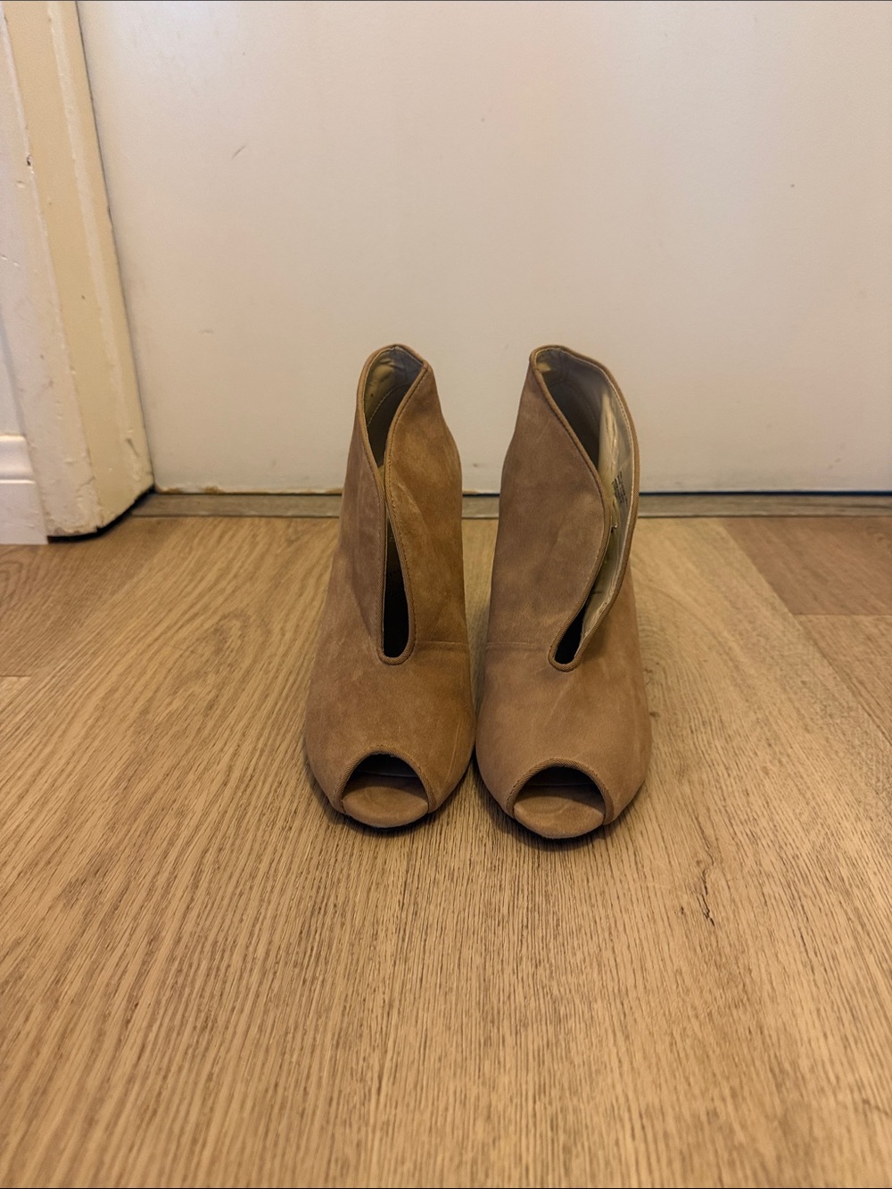 Adrienne Vittadini Tan Suede Peep-Toe Ankle Booties